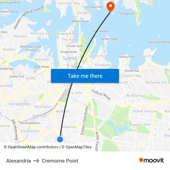 Alexandria to Cremorne Point map