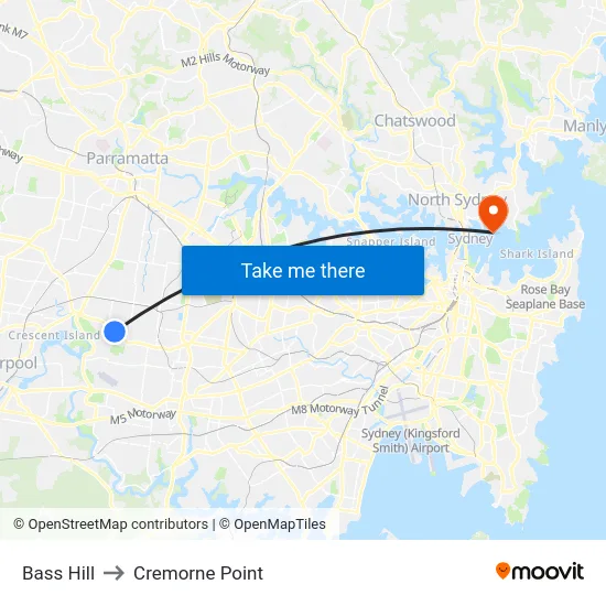Bass Hill to Cremorne Point map