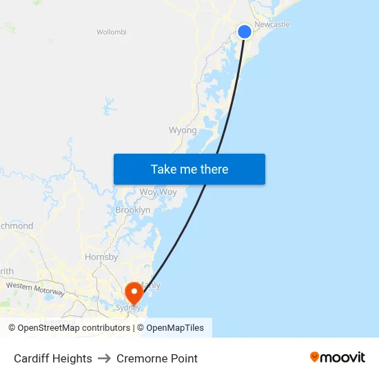 Cardiff Heights to Cremorne Point map