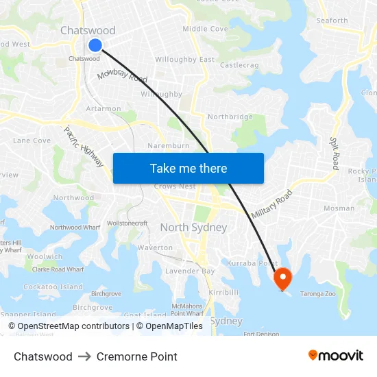 Chatswood to Cremorne Point map