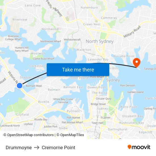 Drummoyne to Cremorne Point map
