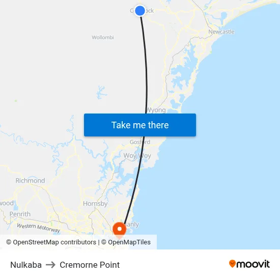 Nulkaba to Cremorne Point map