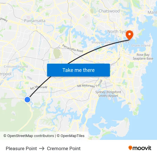 Pleasure Point to Cremorne Point map