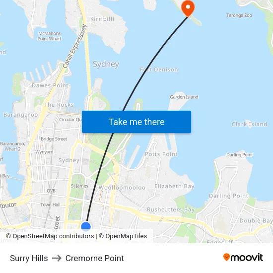 Surry Hills to Cremorne Point map