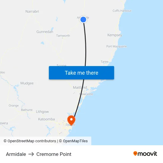 Armidale to Cremorne Point map