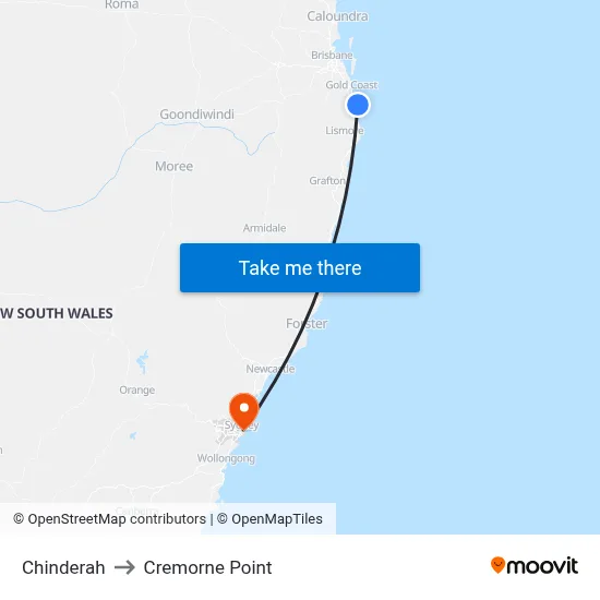 Chinderah to Cremorne Point map