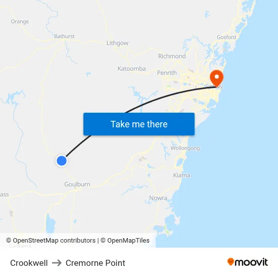 Crookwell to Cremorne Point map