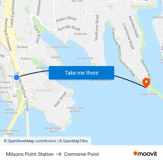 Milsons Point Station to Cremorne Point map