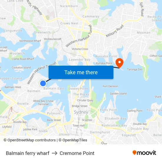 Balmain ferry wharf to Cremorne Point map
