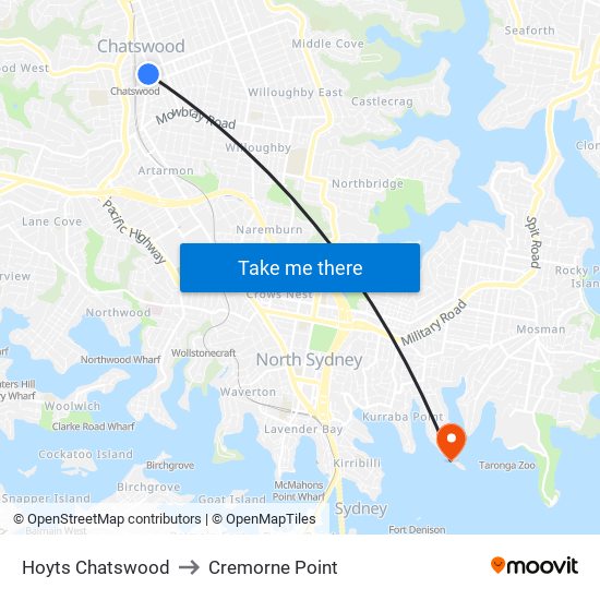 Hoyts Chatswood to Cremorne Point map