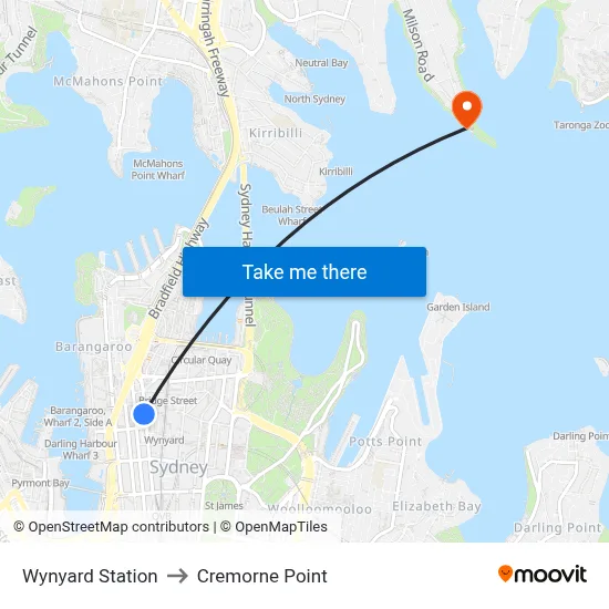 Wynyard Station to Cremorne Point map