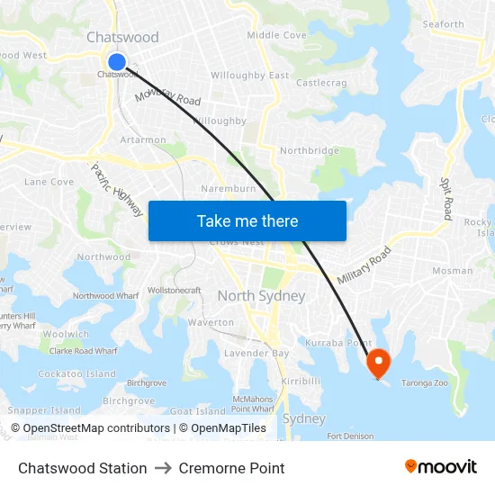 Chatswood Station to Cremorne Point map