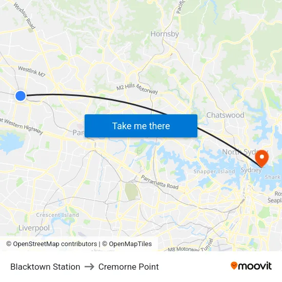 Blacktown Station to Cremorne Point map