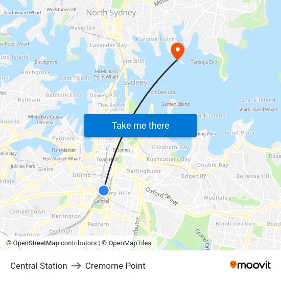 Central Station to Cremorne Point map