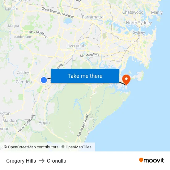 Gregory Hills to Cronulla map