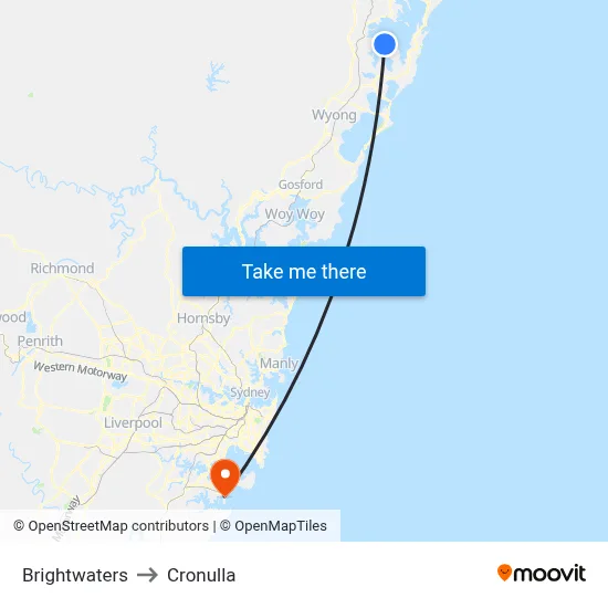 Brightwaters to Cronulla map