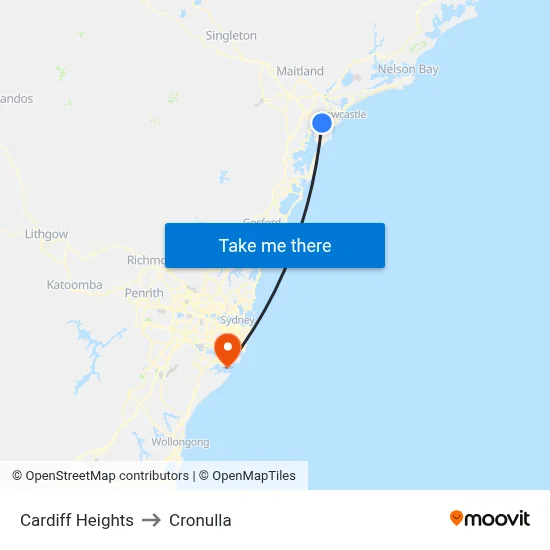 Cardiff Heights to Cronulla map