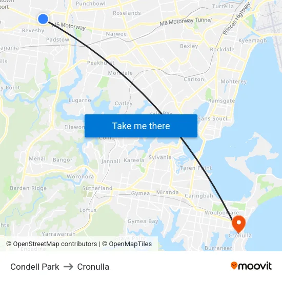 Condell Park to Cronulla map