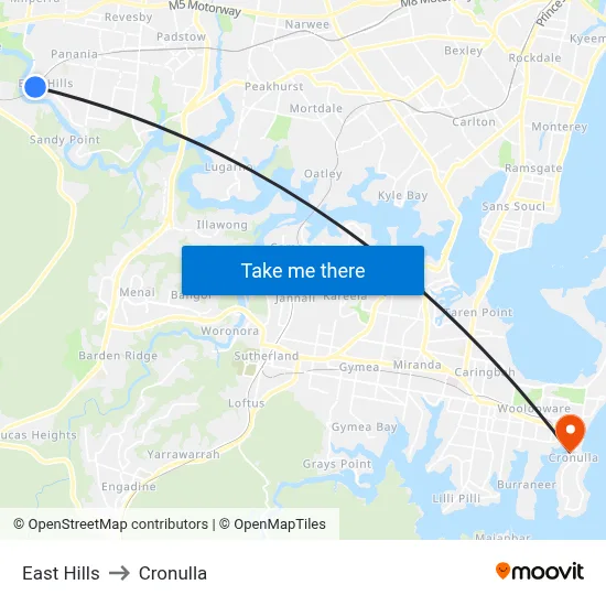 East Hills to Cronulla map