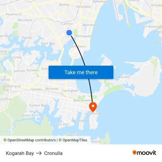 Kogarah Bay to Cronulla map