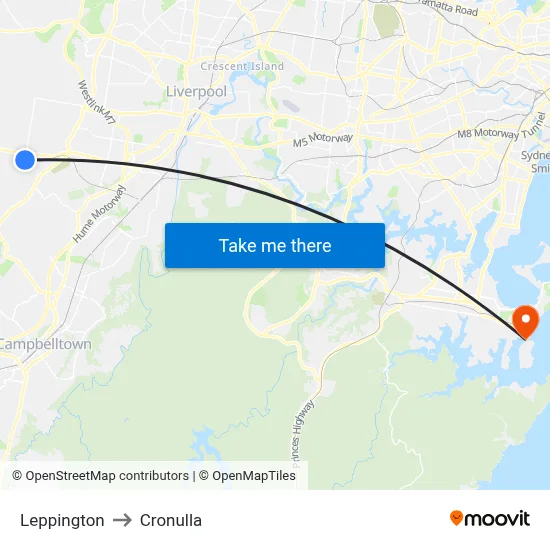 Leppington to Cronulla map