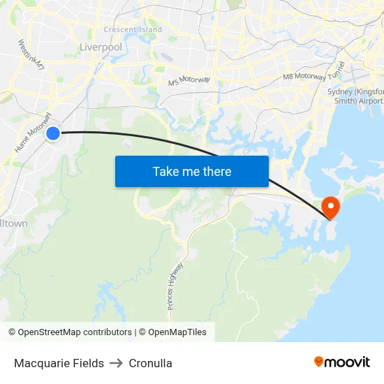 Macquarie Fields to Cronulla map