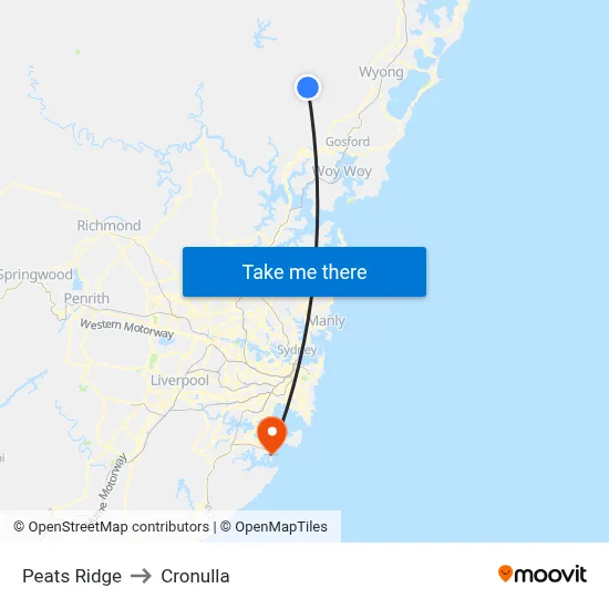 Peats Ridge to Cronulla map