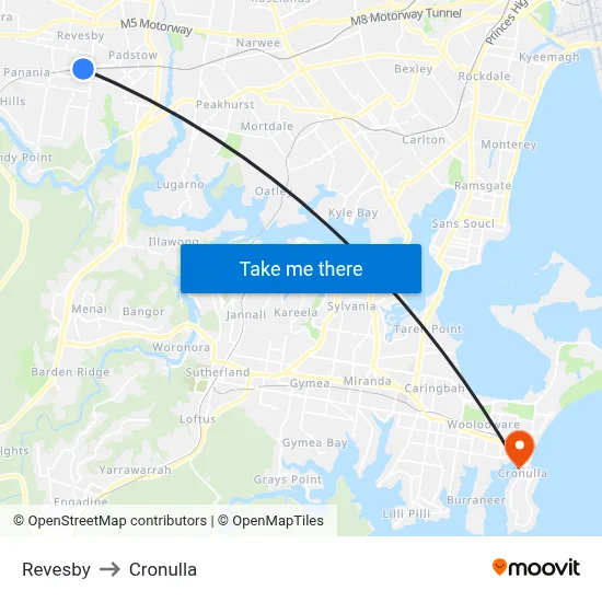 Revesby to Cronulla map