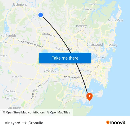 Vineyard to Cronulla map