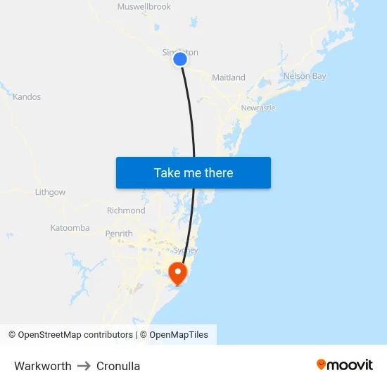 Warkworth to Cronulla map