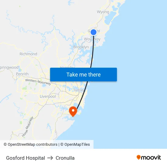 Gosford Hospital to Cronulla map