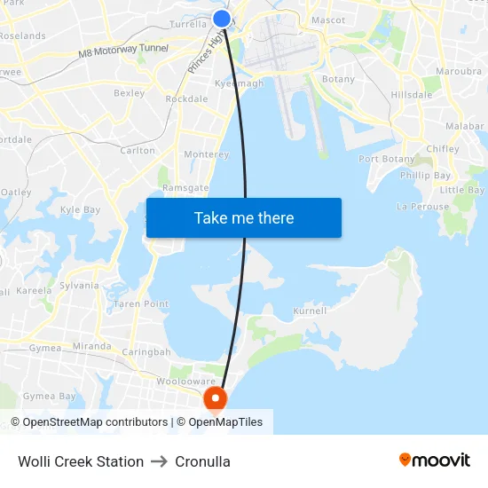 Wolli Creek Station to Cronulla map