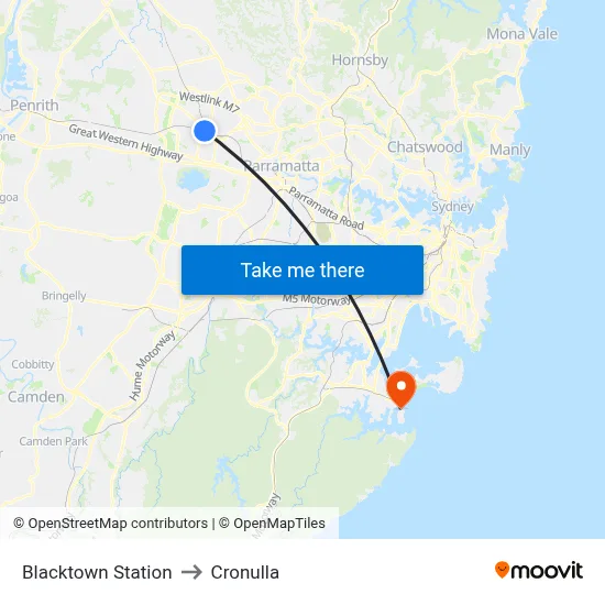 Blacktown Station to Cronulla map