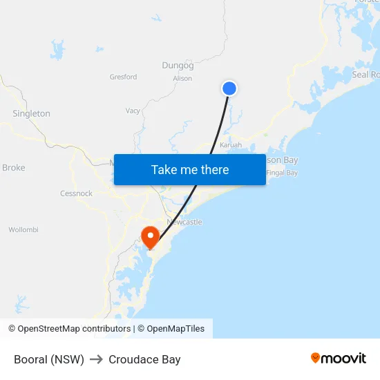 Booral (NSW) to Croudace Bay map