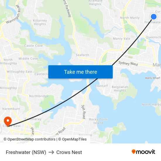 Freshwater (NSW) to Crows Nest map