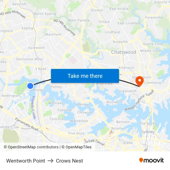 Wentworth Point to Crows Nest map