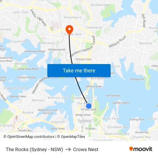 The Rocks (Sydney - NSW) to Crows Nest map