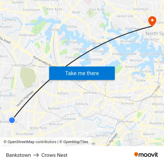 Bankstown to Crows Nest map
