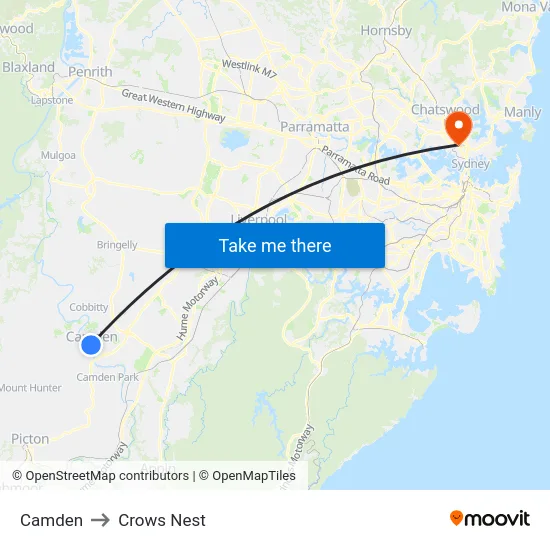 Camden to Crows Nest map