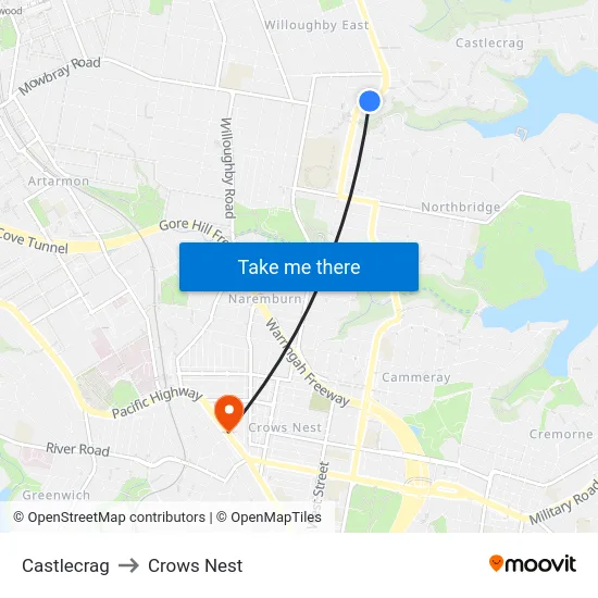Castlecrag to Crows Nest map
