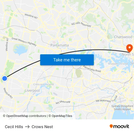 Cecil Hills to Crows Nest map