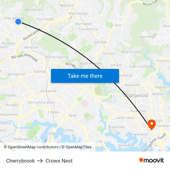 Cherrybrook to Crows Nest map