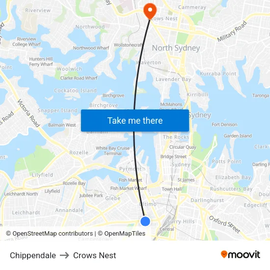 Chippendale to Crows Nest map