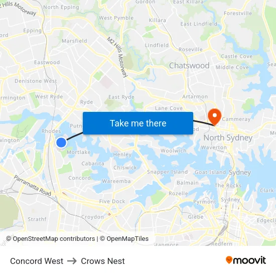Concord West to Crows Nest map