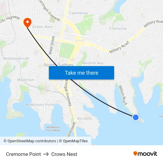 Cremorne Point to Crows Nest map