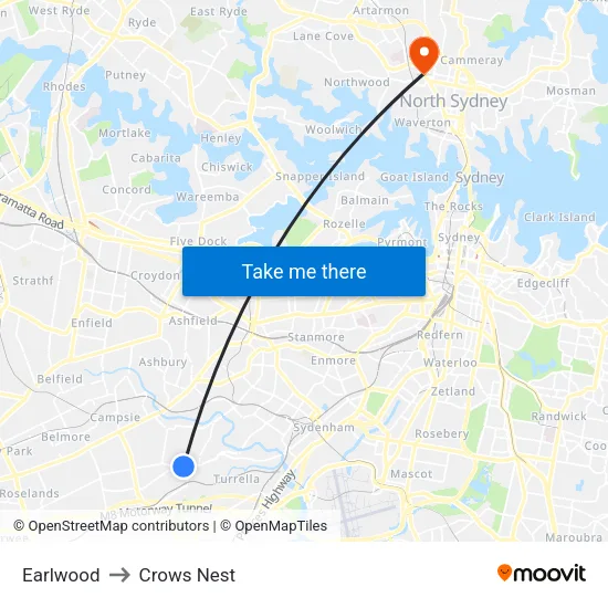 Earlwood to Crows Nest map