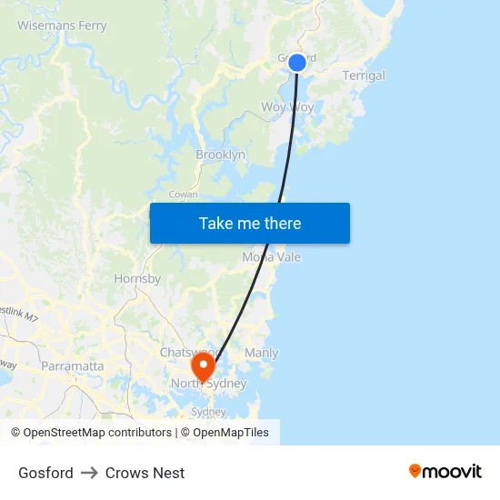 Gosford to Crows Nest map