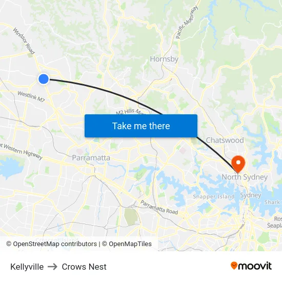 Kellyville to Crows Nest map