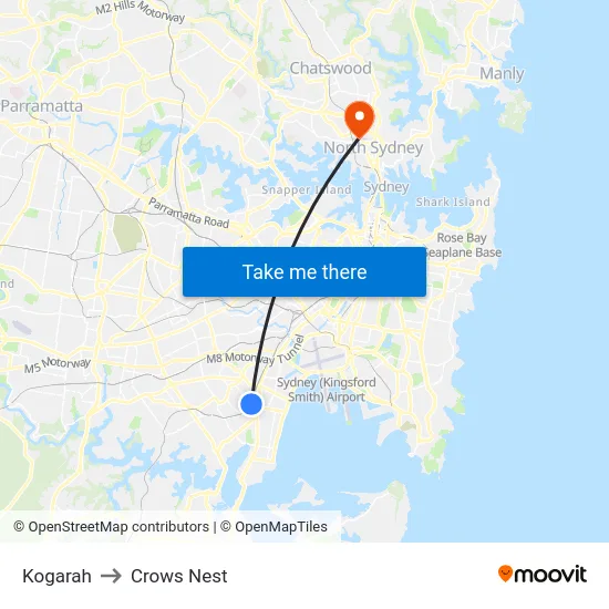 Kogarah to Crows Nest map