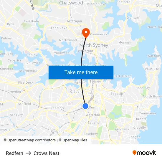 Redfern to Crows Nest map